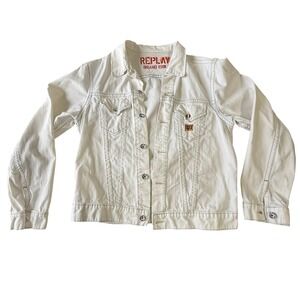 Replay Denim Jacket Unisex‎ L Cream White Italian Cotton Trucker Vintage Style